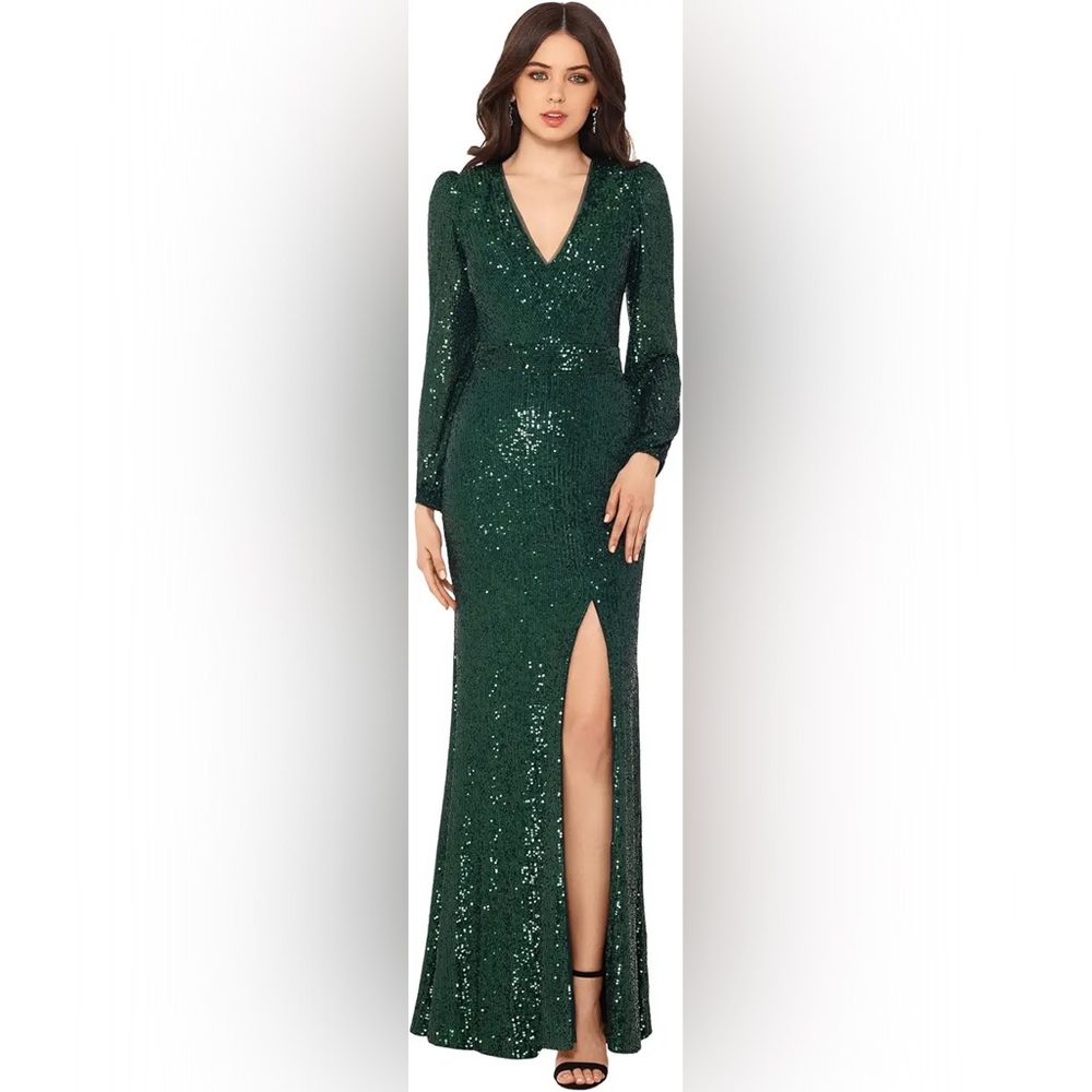 XSCAPE Long Sequin V-Neck Dress